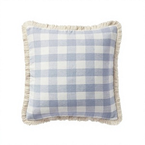 Elegant Check Plaid Woven Pillowcase Wholesale Cotton Throw Pillow Cover Custom Design 45x45 Cushion Cover With Fringes & <b>Zipper</b> - Product Image 1