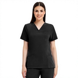 Haut de blouse médicale pour femme, col en V, noir, coton et polyester, tissé, uniforme d'hôpital, avec poches - Product Image 1