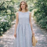 Robe d'été décontractée en lin sur mesure, sans manches, à rayures, élégante et confortable pour femmes. Portez des vêtements élégants pour femmes