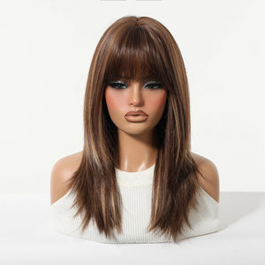 <span class=keywords><strong>Perruque</strong></span> sans lacets pour femme, cheveux mi-longs haut de gamme, franges légères, brun mat, en fibre haute température, fabriquée à la machine, pour l'export. - Product Image 1