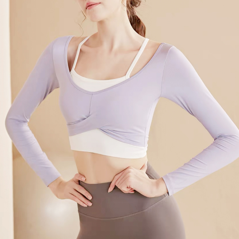 Women Clothing Hanging Neck Two Piece Sport Wear Top Long Sleeve Gym Wear T-Shirt Quick Drying Yoga Elastic Crop Top