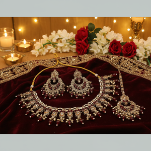 Gold Plated Sterling <b>Silver</b> Fine Jewelry <b>Set</b> with Crystal Stone Pearls Elegant Bridal Wedding <b>Necklace</b> for Women Festive Wear - Product Image 3