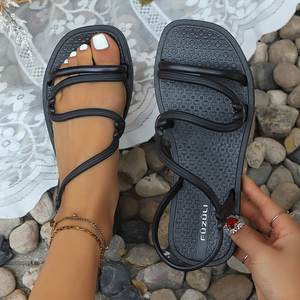 Sandalias de mujer, tacones planos para mujer, sandalias romanas informales con punta de clip, verano 2025, correa cruzada de banda estrecha, zapatos de playa para mujer - Product Image 3