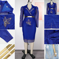 S11013 Luxury Summer Dresses Women Casual Mesh Rhinestone Beaded Suit Collar Office Lady Career Dresses African Dress for Women