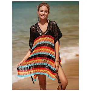 2024 Hot Sale Knitted hollow out loose and sexy beach bikini cover ups wear women crochet beach dress ladies beach wear