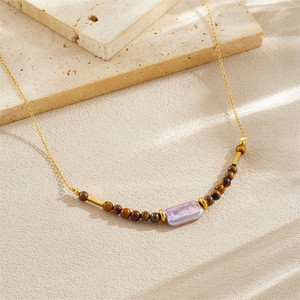 European American Style Tiger Eye Beaded Gold Chain Pearl Necklace Geometric Design Party Fashion Jewelry - Product Image 2