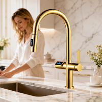 Keran Dapur Tarik Keluar Warna Hitam Matte Kontemporer Dengan Layar Digital, Keran Dapur Stainless Steel