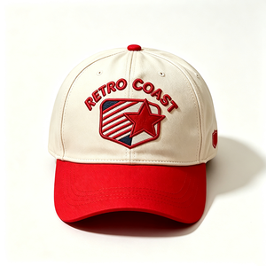 Gorra de Béisbol Retro Coast Bordada de 6 Paneles, Unisex, Corona Blanca, Visera Curva Roja, 100% Algodón Lavado, Bordado de Estrella y Puntos - Product Image 2