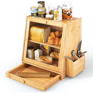 Bamboo Bread Box Double Layer Pull Out <b>Storage</b> <b>Kitchen</b> Organizer With Utensil Holder <b>For</b> Bread And Bakery Items - Product Image 1
