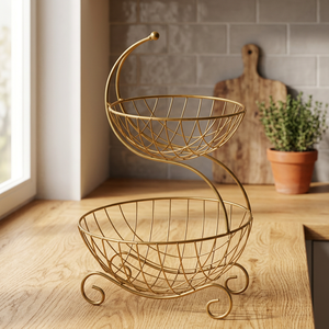 Panier de rangement moderne à double niveau en métal, design fil doré, sur pied, pour salon - Product Image 4
