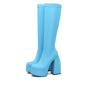 Botas de tacón grueso con plataforma y punta cuadrada para mujer, hasta la rodilla, cómodas, de moda, para invierno - Product Image 4