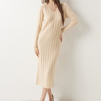 Robe longue en cachemire 30% pour femme, col en V côtelé large, pour le bureau et le quotidien, tricot à manches longues, hiver, confortable et élégante