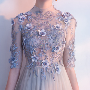 European American Style Long Chiffon Dress High Neck A-Line Floral Print Grey Evening Gown For Graduation Banquet - Product Image 5