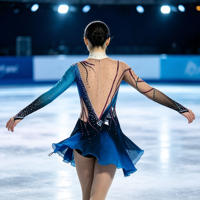 Robe de patinage artistique bleu roi avec strass, maille transparente, manches longues, dos en V profond, jupe, costume de compétition de danse sur glace