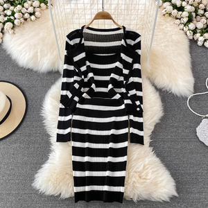 Noir et blanc rayé à manches longues pull tricoté Cardigan et Spaghetti sangle moulante robe mi-longue costumes femmes deux pièces ensembles - Product Image 1