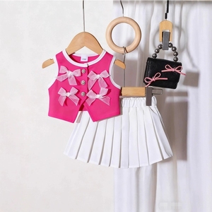 Conjunto <span class=keywords><strong>de</strong></span> Dos Piezas <span class=keywords><strong>para</strong></span> Niñas, Verano 2026, Ropa Infantil al por Mayor, <span class=keywords><strong>Chaleco</strong></span> sin Mangas con Botones y Lazo, Falda Plisada - Product Image 1