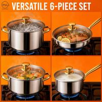 Ensemble de casseroles classiques en acier inoxydable 6 pièces avec couvercles en verre, poignées de 0,8 mm d'épaisseur, écologiques, faciles à nettoyer, casseroles à lait/soupe, poêle à frire