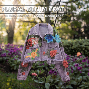 Manteau court décontracté en jean délavé pour femme avec fleurs 3D, broderie respirante et manches longues – Nouvelle collection printemps - Product Image 2