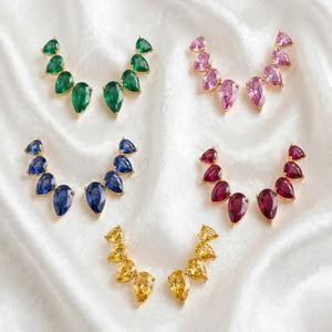 Graduated Pear Natural <b>Emerald</b> Classic Style Climber <b>Studs</b> Earrings in 14KT Yellow Gold Fine Jewelry for women for wedding - Product Image 1