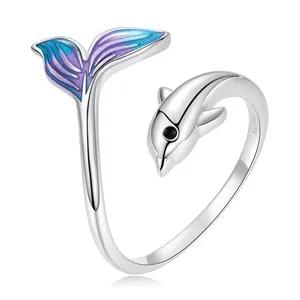 Enamel Ring Cute Dolphin Mermaid Tail Open Ring Adjustable Fishtail Wing Ring in 925 Sterling Silver Jewelry