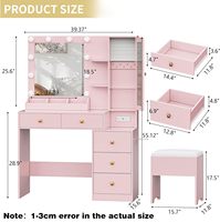 Coiffeuse de Chambre Fille Wenfeng Rose OEM/ODM avec 5 Tiroirs de Rangement, Prise de Courant, Lumière RGB et Miroir en Bois Réglable Éclairé