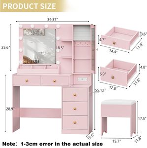OEM/ODM Wenfeng Mädchen-Schlafzimmer Rosa Schminktisch-Set mit 5 Aufbewahrungsschubladen, Steckdose, RGB-Licht, Verstellbarer Holz-Spiegel mit Beleuchtung - Product Image 2