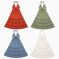 Robe longue bohème pour femme, col halter, dos nu, en gaze froissée, à volants superposés, fluide, pour l'été, la plage et les vacances