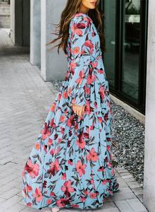 Robe à manches longues à volants pour femmes, pull à fleurs, <span class=keywords><strong>jupe</strong></span> à col en V - Product Image 4