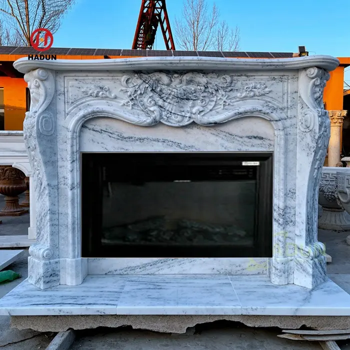 Décoration d'intérieur classique et moderne en pierre naturelle sculptée à la main, manteau de cheminée en marbre Arabescato