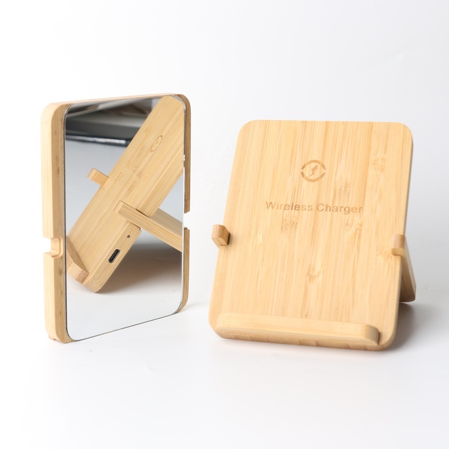 Bamboo Wireless Charger Stand Detachable Holder Vertical &Horizontal Charging with Makeup Mirror Phone Wireless Charging Station