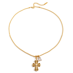 Vente en gros de bijoux en acier inoxydable 316L, croix vintage, plaqué or 18 carats, collier et boucles d'oreilles en filigrane CZ pour femmes - Product Image 6