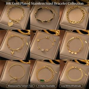 Bracelet tendance en acier inoxydable avec breloque cœur maillon cubain, plaqué or 18 carats PVD, étanche et inaltérable, pour femme, vente en gros - Product Image 2