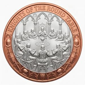 Moneda Coleccionable de Cobre de Doble Tono de los Caballeros de la Mesa Redonda con Escena del Salón Gótico y Borde Heráldico para Decoración Histórica - Product Image 1