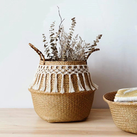 Cesta de Plantas Tecida Estilo Boho para Decoração de Casa com Franjas de Macramê, Logo Personalizável, Vaso Natural para Plantas Internas