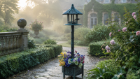 Mangeoire à oiseaux sur pied haut avec base de pot de fleurs, toit de gazebo, en plastique résistant aux intempéries, sur piédestal, écologique, résistant à la rouille, design antique, pour extérieur