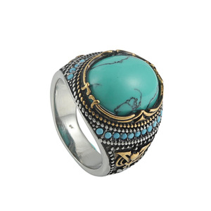 <b>Turquoise</b> <b>Ring</b> Men's Titanium Steel Bezel Setting Silver Gold Geometric Design Gift Jewelry 212006 - Product Image 1