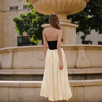 Robe longue de soirée tissée de haute qualité pour femme, col licou, taille haute, respirante, couleur contrastée noir-beige, été 3969