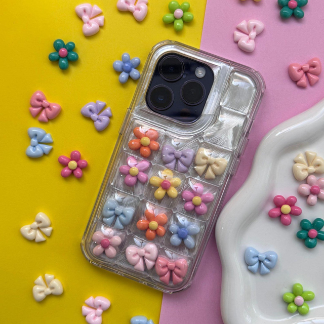 Cute 3D Bubble Pokopoko Case for iPhone 17 16 Pro Max S25 S26 with Pastel Ribbon & Flower Charms Set