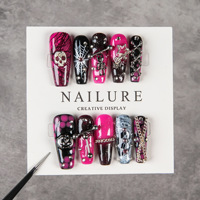 Ongles artificiels à presser faits main de haute qualité, style gothique punk sombre, avec chaîne métallique, pour manucure.