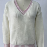 Pull en maille col en V pour femme, style preppy, coupe oversize ample, bordure contrastante, motif floral, respirant, idéal pour l'automne