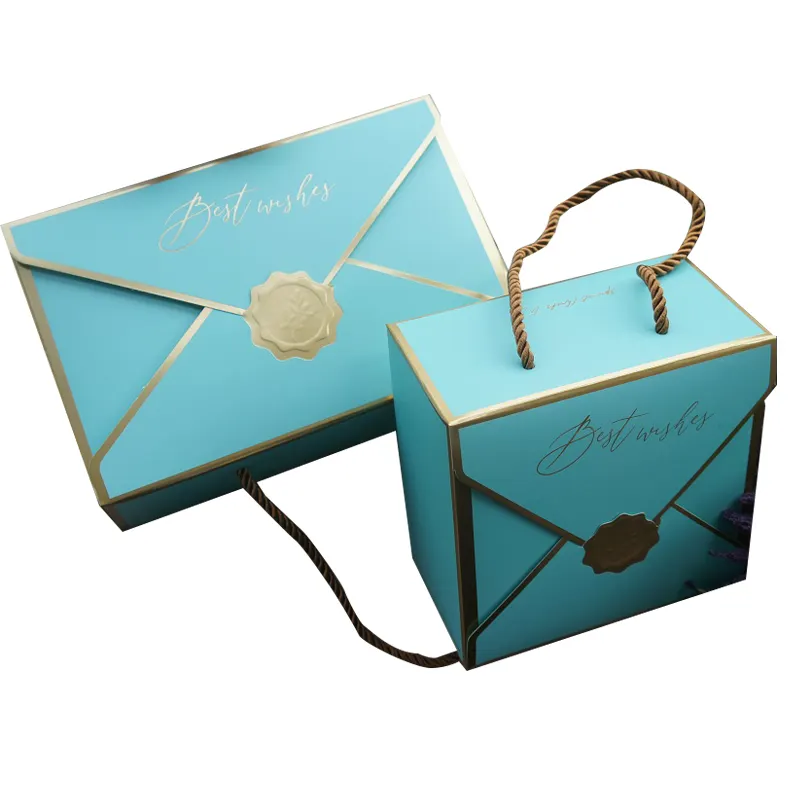 ロープハンドル紙箱クッキーキャンディー結婚式の誕生日パーティーギフトパッケージでゴールドブルーグリーンを包みます