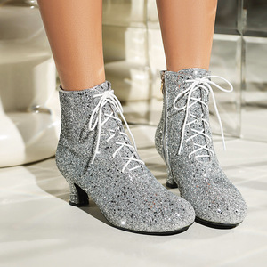Botines con lentejuelas brillantes, con cordones delanteros y tacón bajo, zapatos de vestir para espectáculos y fiestas de Año Nuevo, botas sexys para mujer - Product Image 3