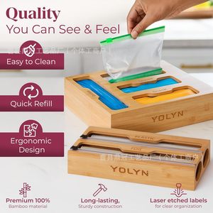 Bamboo Plastic Wrap Dispenser With Foil Cutter <b>Kitchen</b> Organizer Multi Compartment Storage Box For Fridge Use - Product Image 3
