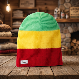 Personnalisable 100% Cotton Slouchy Ribbed Knit Trio Beanie Rasta Print Winter Hat - Product Image 3