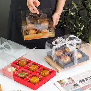 ZL Kotak Hadiah Transparan PET Plastik, Kemasan Makanan Roti Pastry Coklat Kue Bulan Plastik dengan Pembagi dan Pegangan Kertas