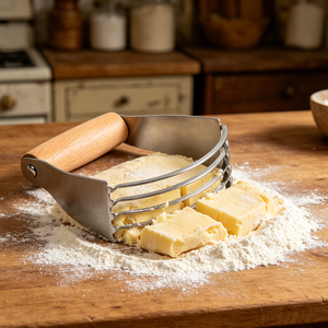 Mélangeur à pâte en acier inoxydable, coupe-pâte à 5 lames et mélangeur à farine en métal pour la pâtisserie, manche en bois - Product Image 4