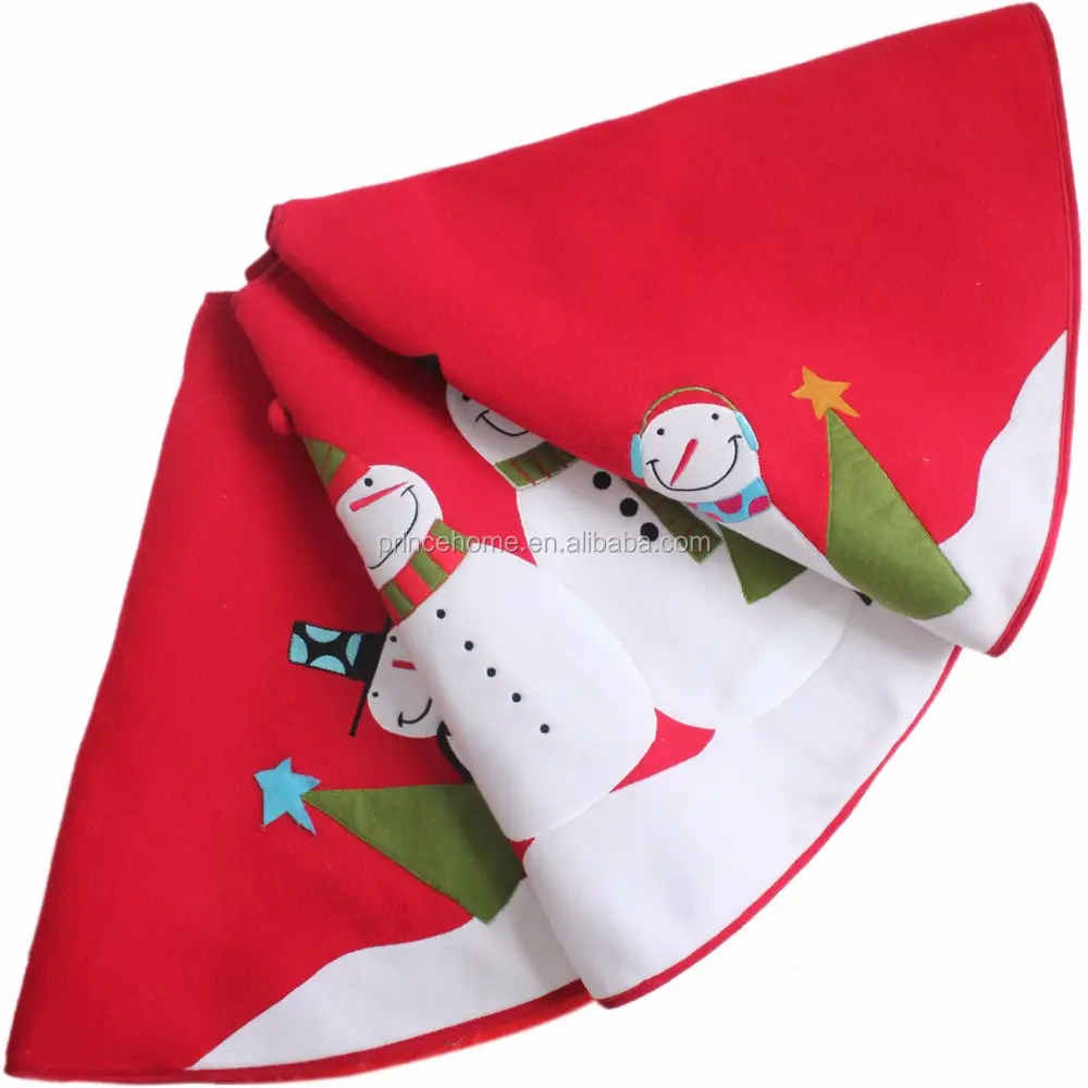 Red Christmas Cute Snowman and Tree Applique Embroidery Christmas Tree Skirt