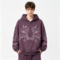 Sweat à capuche zippé violet foncé délavé et vieilli, avec motif Kornit DTG Moon Bat Branch, coupe oversize, style streetwear