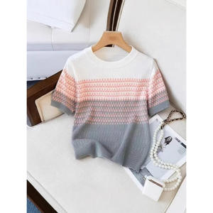 Top de Punto a Rayas Degradado para Mujer, Manga Corta, Cuello Redondo, Suave, Spandex/Algodón, Moda de Verano, Jersey Fino Formal, Gris Azul Verde - Product Image 4