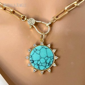 Collana NM50714 con Catena a Graffetta Placcata Oro, Pendente in Howlite Turchese, Zirconi Cubici Micro Pavé, Chiusura a Moschettone, Gioielli da Donna - Product Image 3